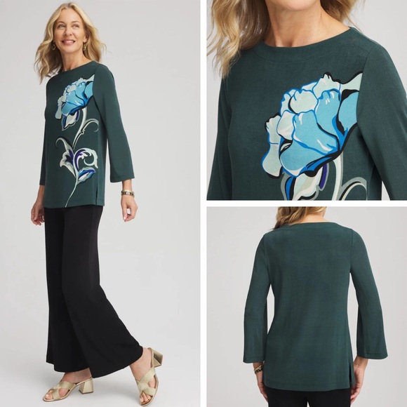 Chico’s Traveler’s Floral Artisanal Boatneck Tunic Top - Picture 8 of 9